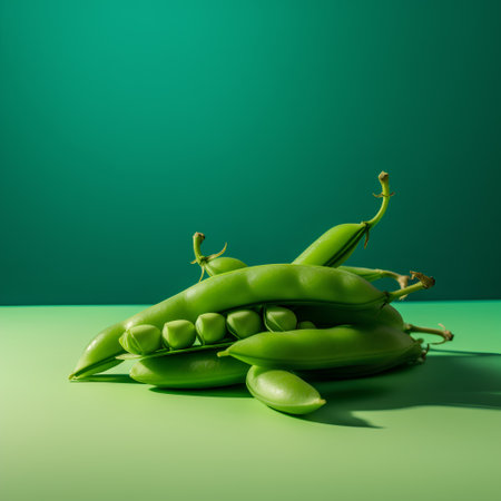 Fresh green peas on green background. Minimal still life concept.の素材
