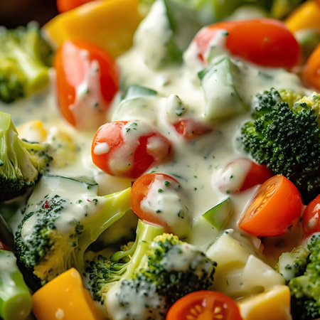 Vegetable salad with broccoli, tomatoes, peppers and mayonnaiseの素材
