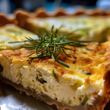 Tasty homemade pie with cheese and herbs on a wooden table.の素材