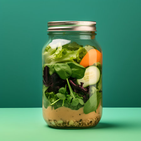 Healthy salad in glass jar on green background with copy space.の素材