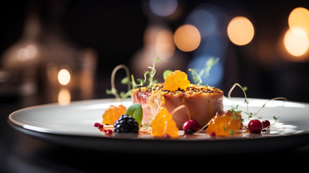 Piece of salmon with orange, blackberry and thyme on a white plateの素材