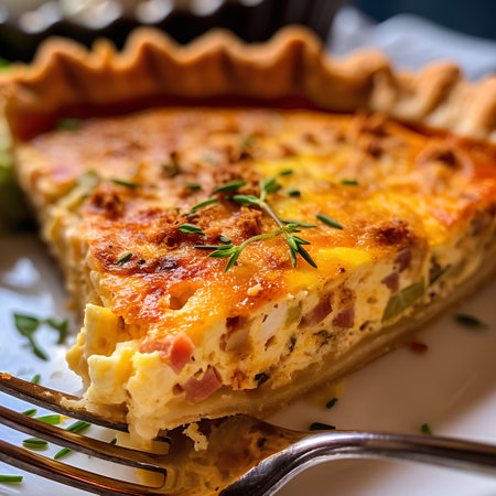 Slice of homemade quiche Lorraine with ham, cheese and herbsの素材