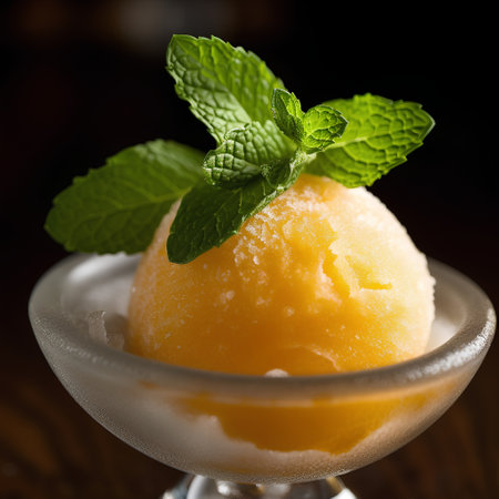 Mango ice cream in a glass bowl on a dark wooden backgroundの素材