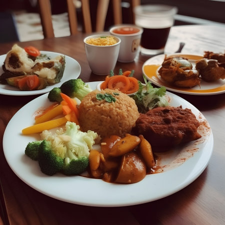 Rice with fried chicken and vegetables on white plate in restaurant.の素材