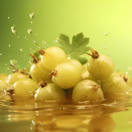 Fresh gooseberries with water drops on green background. Shallow dof.の素材