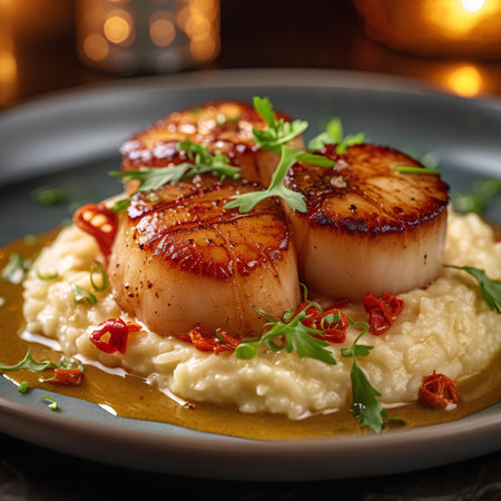 Grilled scallops served with mashed potatoes and parsley.の素材