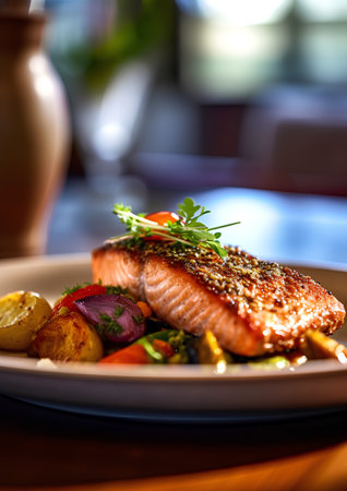 Grilled salmon fillet with vegetables on a plate in a restaurantの素材