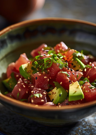 Hawaiian tuna poke bowl with avocado, sesame seeds and cilantroの素材