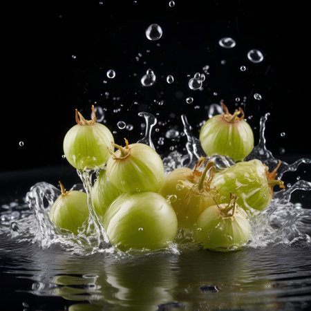 Fresh gooseberries falling into water with splash, isolated on black backgroundの素材