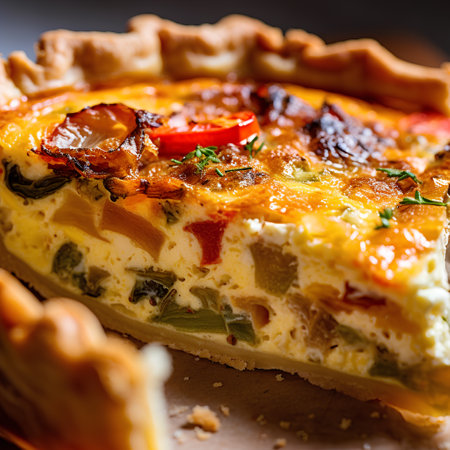 French Quiche Lorraine with Vegetables and Cheese. Square imageの素材