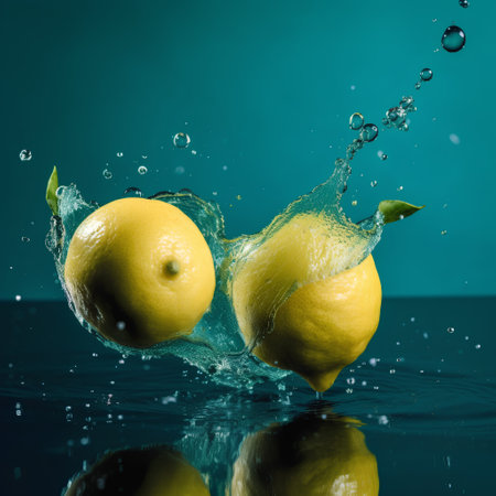 Lemon and water splash on a dark blue background. Copy space.の素材