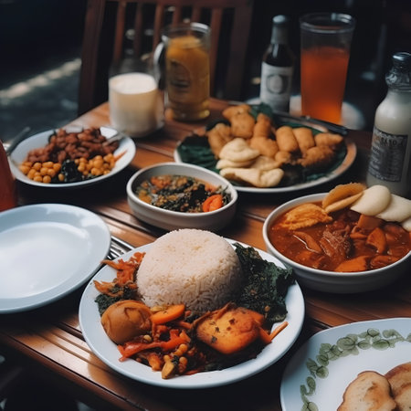 Traditional indonesian food on a table in a restaurant, selective focusの素材