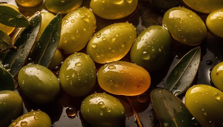 Green and yellow olives with drops of water on a dark backgroundの素材