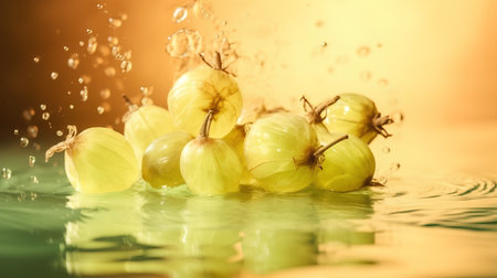 Fresh gooseberries in water with splashes and drops on yellow backgroundの素材