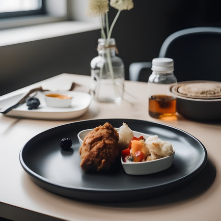Crispy fried chicken served on a black plate with breadcrumbsの素材