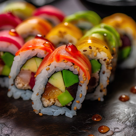 Sushi rolls with tuna, salmon, avocado and cucumber on a dark backgroundの素材