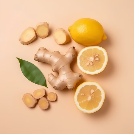 Ginger, lemon and ginger root on a beige background.の素材