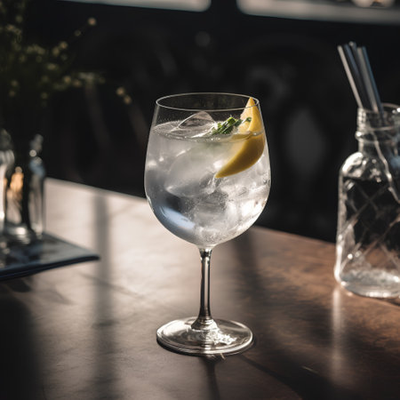 Cocktail with lemon and ice on a table in a barの素材