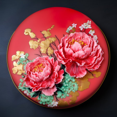 Ceramic plate with red peony flowers on a black backgroundの素材