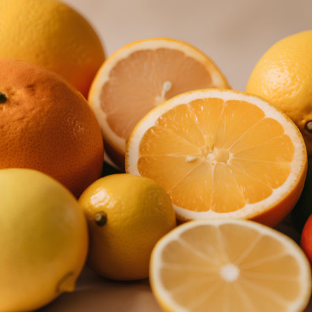 Variety of citrus fruit including lemons, lines, grapefruits and oranges.の素材