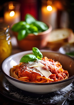 Spaghetti Bolognese with parmesan cheese and basilの素材