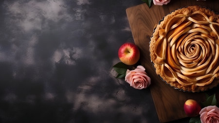 Homemade apple pie with fresh apples and rose flowers on dark backgroundの素材