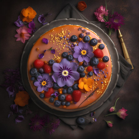 Homemade cake with berries and flowers on a dark background. Toned.の素材
