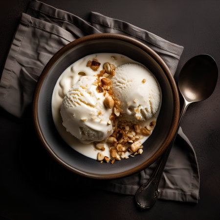 Vanilla ice cream with caramelized peanuts in a bowl on dark backgroundの素材