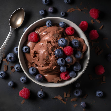 Chocolate ice cream in bowl with fresh blueberries and raspberries on dark backgroundの素材