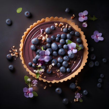 Chocolate tart with blueberries and wildflowers on black backgroundの素材