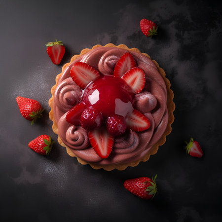 Chocolate cake with strawberries and cream on a dark background, top viewの素材
