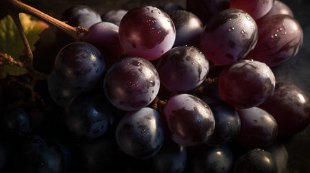 Bunch of black and red grapes with water drops on dark backgroundの素材