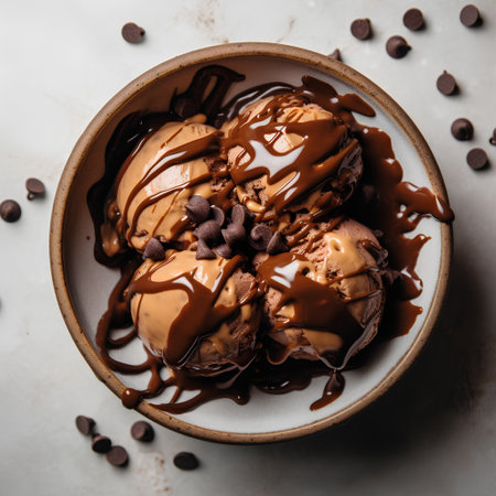 Chocolate ice cream balls with chocolate syrup in bowlle background.の素材