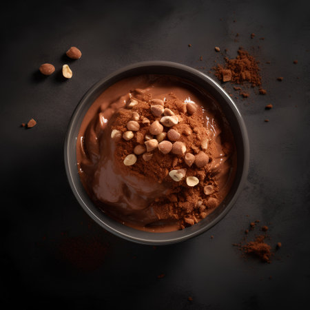 Bowl of chocolate ice cream with nuts and cocoa powder on dark backgroundの素材