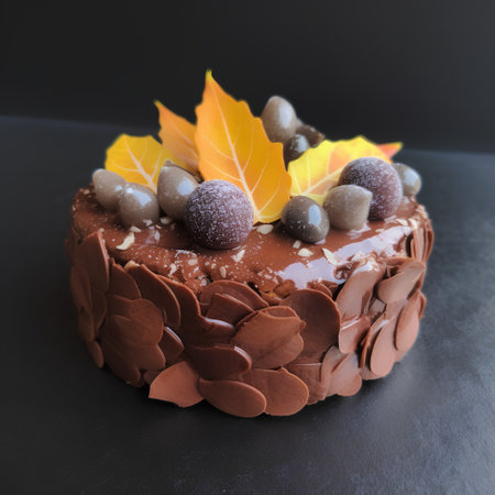 Chocolate cake with chocolate glaze and autumn leaves on black backgroundの素材