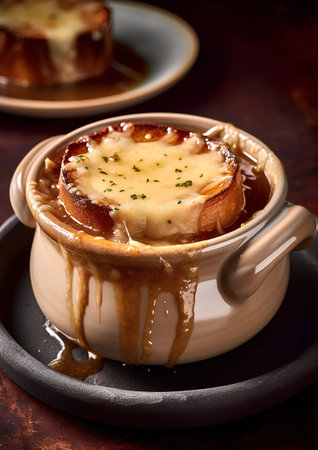 French toast with cheese and caramelized onion in ceramic pot on wooden backgroundの素材