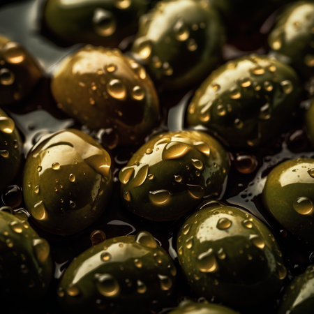 Green olives with drops of water on a dark background. Macroの素材