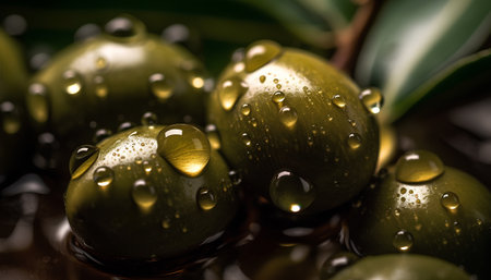 Green olives with drops of water on a dark background close-upの素材