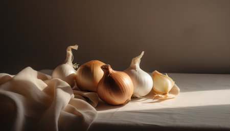 Still life with garlic and onion bulbs on a linen tablecloth. Selective focus.の素材