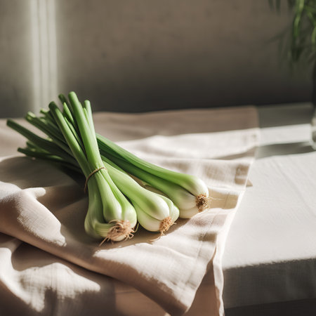 Bunch of fresh green onions on a linen tablecloth. Selective focus.の素材
