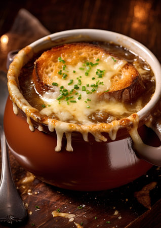 French onion soup with cheese in a clay pot on a wooden backgroundの素材