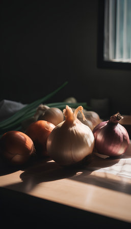 Onions and garlic on a wooden table in the kitchen. Selective focus.の素材