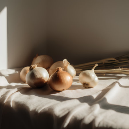 Still life with onion bulbs on a white tablecloth. Selective focus.の素材