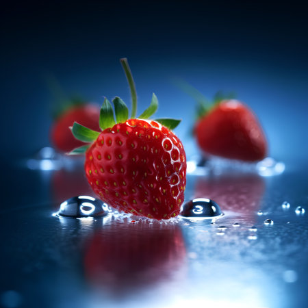 Strawberries with water drops on a dark background. Shallow depth of field.の素材