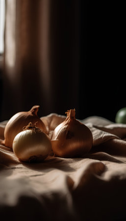 Still life with fresh onions on a linen tablecloth, selective focusの素材