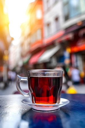 Cup of tea on the background of a city street. Selective focus.の素材