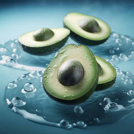 Fresh avocado with water drops on blue background. Concept of healthy eating.の素材