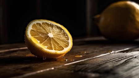 Lemon on a wooden table with a piece of lemon in the backgroundの素材
