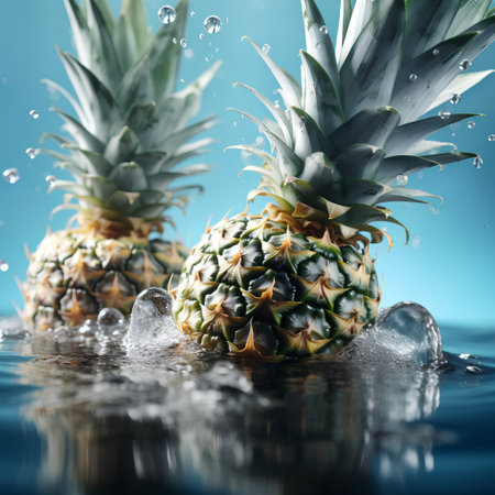 Pineapples in water with splash and drops on blue backgroundの素材