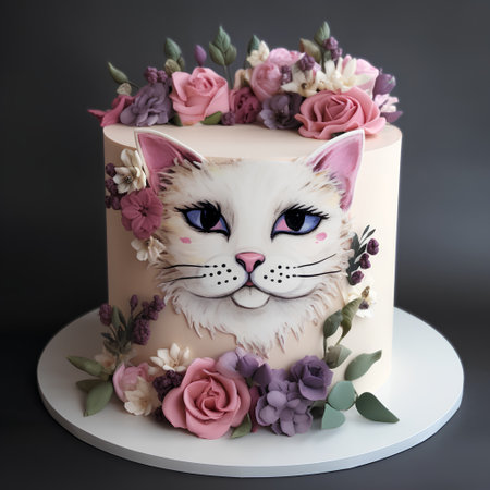 Beautiful birthday cake with cat face and flowers on gray background.の素材